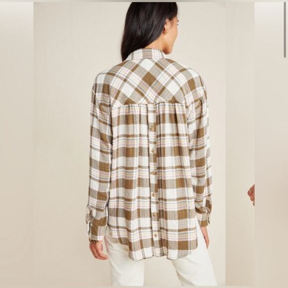 BY ANTHROPOLOGIE Isadora cream Plaid Flannel‎ Button Top Women Size large - Picture 2 of 7